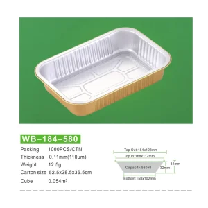 1000PCS CTN Gold Aluminum Rectangle 580ml Pot Pan with Heating Sealing Foil Freezer Containers