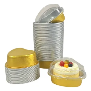 100ml Gold Heart Shaped Aluminum Foil Cup Disposable Pudding Baking Mold Heat Resistant Cake Tin for Air Fryer Oven with Lids