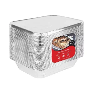25 Piece Aluminum Foil Pans Lids 9×13 Disposable Food Containers Great for Baking Cooking Storing Prepping Silver Rectangle
