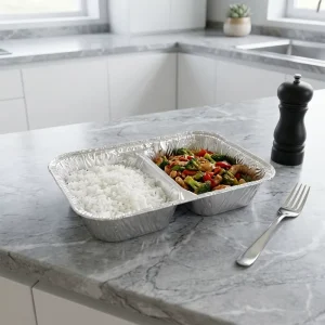 3880 400ml 2-Compartment Aluminum Foil Container 159x103mm 5.5g Disposable Divided Tray for Takeaway Meals Oven Use and Food Prep
