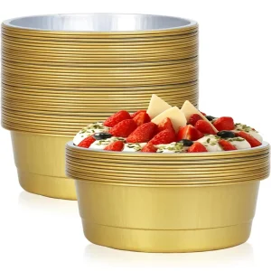 5-Inch 15oz 1lb Disposable Gold Food-Grade Deep Aluminum Foil Bowl Container with Plastic Lid for Baking and Grilling
