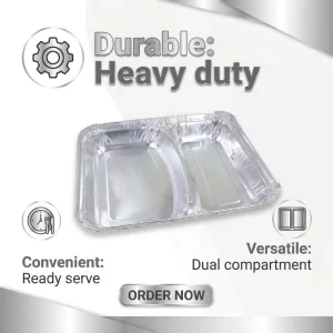 880ml Two Compartment Container for Take Out Disposable Silver Rectangle Pulp Moulded PET 8011 Aluminum Foil Lid Food Grade