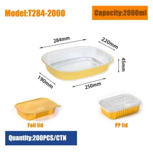 Camping Aluminum Foil Containers with PP Plastic Food Grade Lid, Oven Safe, Disposable, 2000ml