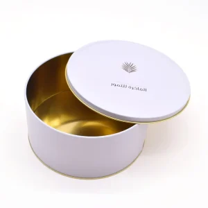 Custom Food Grade Round Metal Container Beige White Patisserie Candy Knafeh Biscuit Cookie Tin Can Packaging Box for Baking Cake