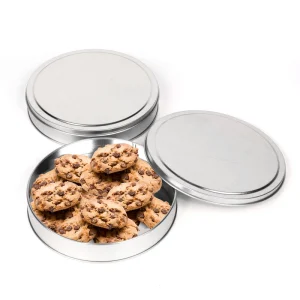 Custom Printed Silver Round Cookie Tin Box for Chocolate Tea Biscuits Nut Oblate Sealed Lid Gift Metal Can Tin Canister