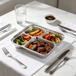 Deep Big Four Grid Rectangular Disposable PP Aluminum Foil Food Grade Lunch Box Pulp Moulding Foil Lid Compartment Tray Box