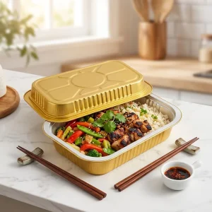 Disposable Gold Rectangular Food-Grade Aluminum Foil Bowl Container with Plastic Lid