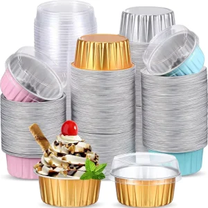Disposable Mini Aluminum Foil Food Cups with PET Lids for Muffins, Cupcakes, Mousse, Jelly, Pudding and Cakes