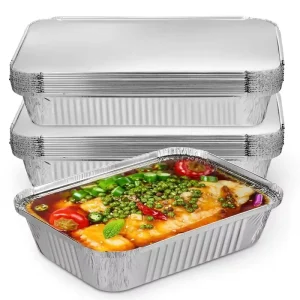 Disposable Oblong Aluminum Pan with Cover Fast Food Cooking Aluminum Dishes Lunch Box Foil Containers