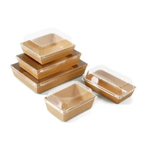 Disposable Recycled Materials Square Food Container Packaging Takeaway Sushi Catering Kraft Paper Box with Clear Plastic Lid
