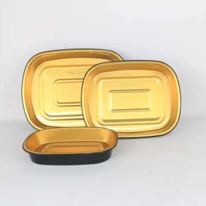Elegant Black Rectangle Aluminum Disposable Food Container with Gold Foil Inside and Ventilated Lid Oven Safe Food Grade