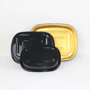 Event Catering Disposable Rectangle Aluminum Foil Container Trays with Black Outer Gold Inner Foil Lid Oven Safe Food Grade