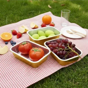 Factory 580ml Disposable Golden Rectangle Oven Safe Food Grade Aluminum Foil Container with Lid for Baking Takeout
