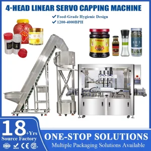Fully Automatic 4-Head Linear Servo Capping Machine, 2400-4000 BPH Screw Capper for Bottles and Jars
