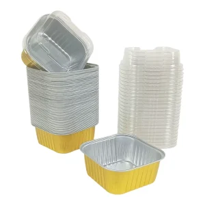 Gold Square Air Fryer Foil Container for Dessert 150ml Disposable Aluminum Cake Baking Cup with Lid Oven Safe Baking Molds Box