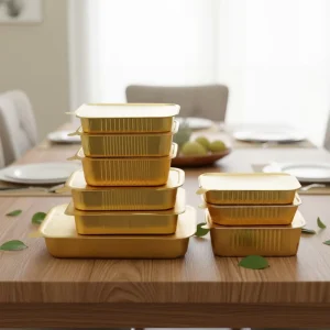 Golden Rectangular Aluminum Foil Food Container with PET Lid 150ml 200ml