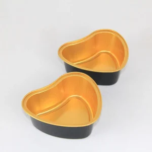 Luxury Black Aluminum Foil Container Gold Trim Foil Heart Shaped Food Grade Oven Safe Small Portion Tray for Dessert Sauce