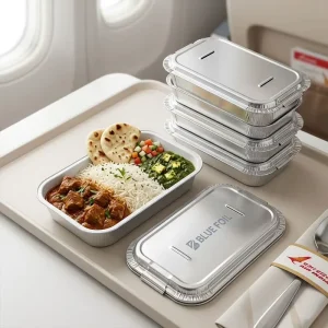 OEM 450ml White-Coated Rectangular Aluminum Foil Food Container, Disposable Inflight Container