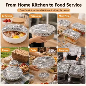 One Cover Fits All Elastic Stretch Aluminum Foil Lids Adapt to Round Square Rectangular Oval Containers