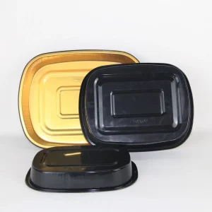 Premium Black & Gold Aluminum Foil Disposable Oven Safe Food Grade Leak Proof Food Container with Clear Cover 700ML