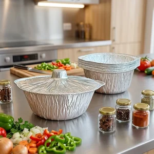 Round Aluminum Foil Stew Pot Stackable Disposable Takeout Bowl with Matching Lid