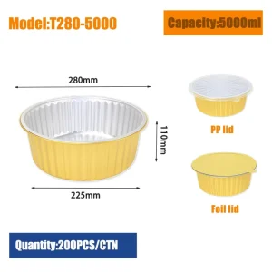 Round Industrial Food Grade Aluminum Foil Containers with PP Plastic Lid, Oven Safe, for Takeaway Packaging, 5L