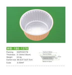 WB 500PCS CTN 180 1370 PP Aluminum Foil Container Disposable Thickened Golden Takeout Steamed Egg Food Grade 1370ml Sealed